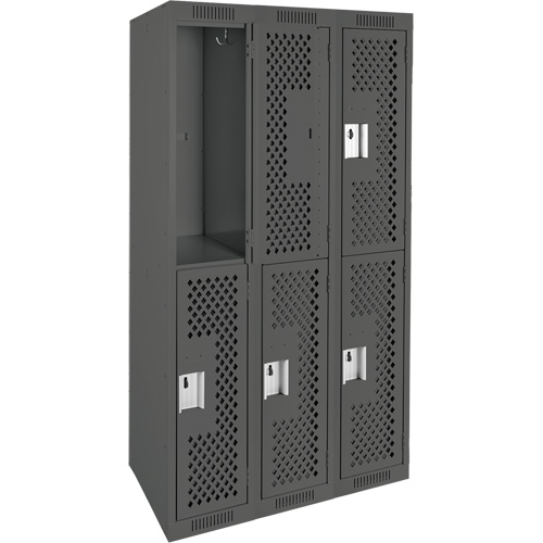 Clean Line Lockers, 2 -tier, Bank of 3, 36" x 12" x 72", Steel, Charcoal, Rivet (Assembled), Perforated Rock Safety Industrial Ltd