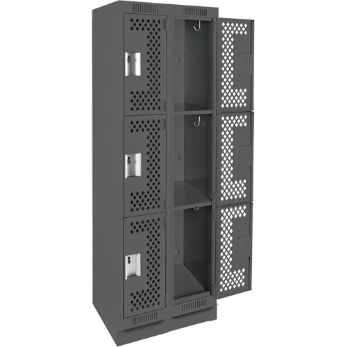 Clean Line Lockers, 3 -tier, Bank of 2, 24" x 12" x 76", Steel, Charcoal, Rivet (Assembled), Perforated Rock Safety Industrial Ltd