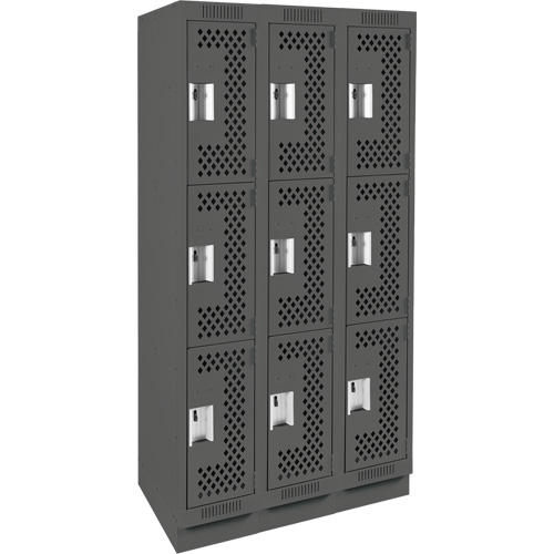Clean Line Lockers, 3 -tier, Bank of 3, 36" x 12" x 76", Steel, Charcoal, Rivet (Assembled), Perforated Rock Safety Industrial Ltd