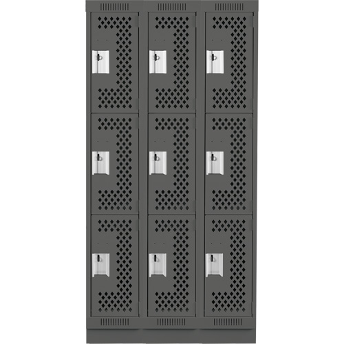 Clean Line Lockers, 3 -tier, Bank of 3, 36" x 12" x 76", Steel, Charcoal, Rivet (Assembled), Perforated Rock Safety Industrial Ltd