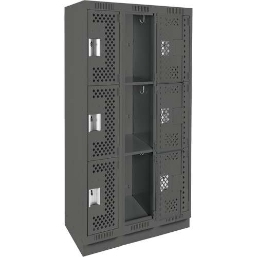 Clean Line Lockers, 3 -tier, Bank of 3, 36" x 12" x 76", Steel, Charcoal, Rivet (Assembled), Perforated Rock Safety Industrial Ltd