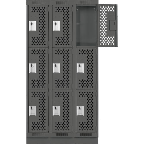 Clean Line Lockers, 3 -tier, Bank of 3, 36" x 12" x 76", Steel, Charcoal, Rivet (Assembled), Perforated Rock Safety Industrial Ltd