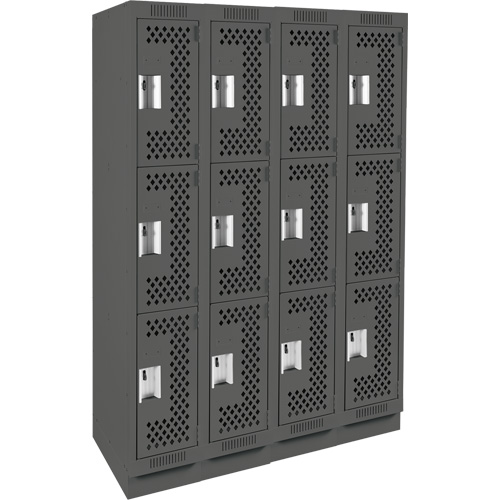 Clean Line Lockers, 3 -tier, Bank of 4, 48" x 12" x 76", Steel, Charcoal, Rivet (Assembled), Perforated Rock Safety Industrial Ltd