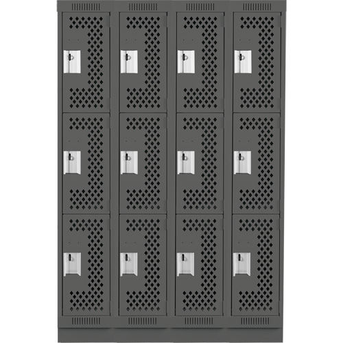 Clean Line Lockers, 3 -tier, Bank of 4, 48" x 12" x 76", Steel, Charcoal, Rivet (Assembled), Perforated Rock Safety Industrial Ltd