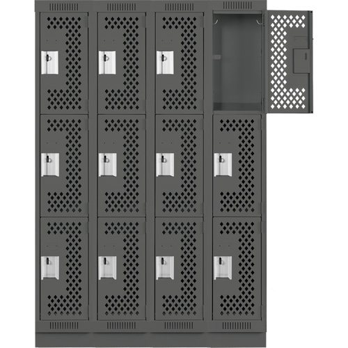 Clean Line Lockers, 3 -tier, Bank of 4, 48" x 12" x 76", Steel, Charcoal, Rivet (Assembled), Perforated Rock Safety Industrial Ltd