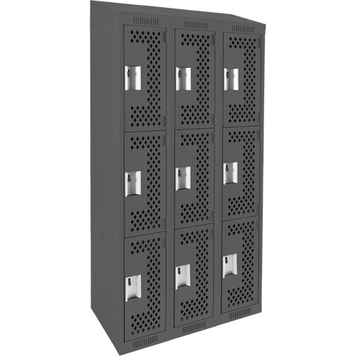 Clean Line Lockers, 3 -tier, Bank of 3, 36" x 18" x 78", Steel, Charcoal, Rivet (Assembled), Perforated Rock Safety Industrial Ltd