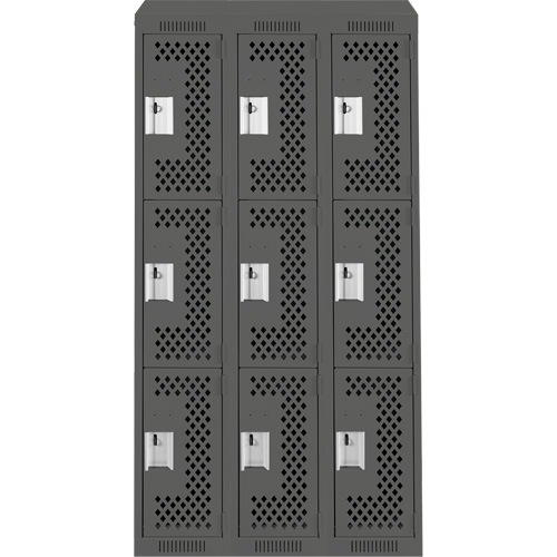 Clean Line Lockers, 3 -tier, Bank of 3, 36" x 18" x 78", Steel, Charcoal, Rivet (Assembled), Perforated Rock Safety Industrial Ltd