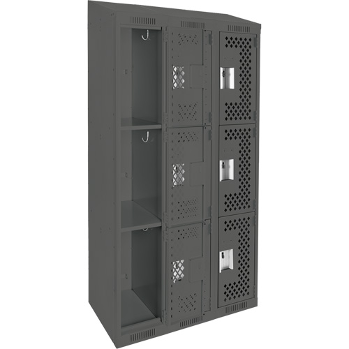 Clean Line Lockers, 3 -tier, Bank of 3, 36" x 18" x 78", Steel, Charcoal, Rivet (Assembled), Perforated Rock Safety Industrial Ltd