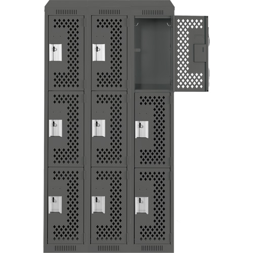 Clean Line Lockers, 3 -tier, Bank of 3, 36" x 18" x 78", Steel, Charcoal, Rivet (Assembled), Perforated Rock Safety Industrial Ltd
