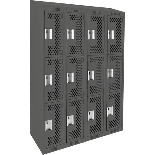 Clean Line Lockers, 3 -tier, Bank of 4, 48" x 18" x 78", Steel, Charcoal, Rivet (Assembled), Perforated Rock Safety Industrial Ltd