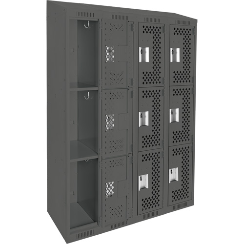 Clean Line Lockers, 3 -tier, Bank of 4, 48" x 18" x 78", Steel, Charcoal, Rivet (Assembled), Perforated Rock Safety Industrial Ltd