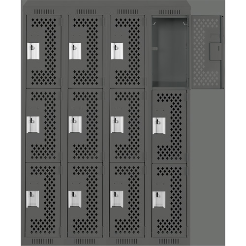 Clean Line Lockers, 3 -tier, Bank of 4, 48" x 18" x 78", Steel, Charcoal, Rivet (Assembled), Perforated Rock Safety Industrial Ltd
