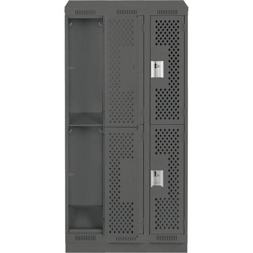 Clean Line Lockers, 2 -tier, Bank of 3, 36" x 15" x 82", Steel, Charcoal, Rivet (Assembled), Perforated Rock Safety Industrial Ltd