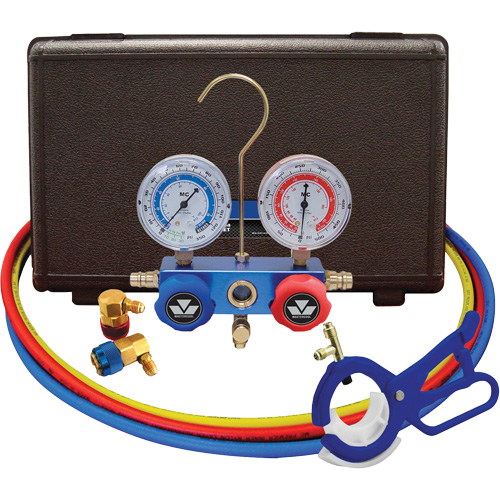 Jeu de manom&egrave;tres collecteurs &agrave; deux voies R134A pour automobile avec coupleurs et robinet perce-canette lat&eacute;rale 3-en-1 Rock Safety Industrial Ltd