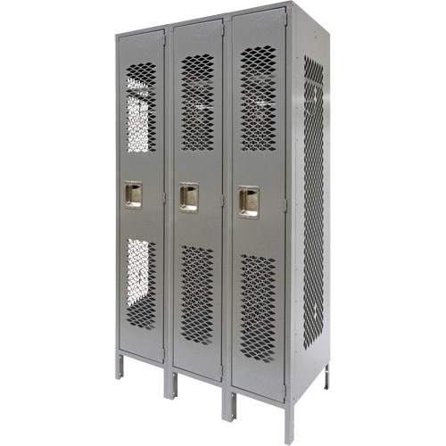 Vented Lockers, Bank of 3, 36" x 18" x 78", Steel, Grey, Knocked Down, Perforated Rock Safety Industrial Ltd