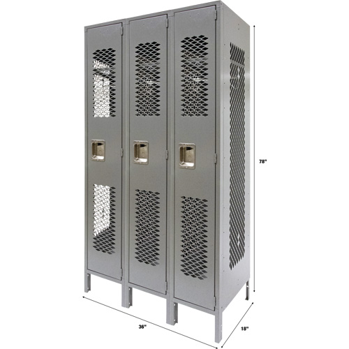 Vented Lockers, Bank of 3, 36" x 18" x 78", Steel, Grey, Knocked Down, Perforated Rock Safety Industrial Ltd