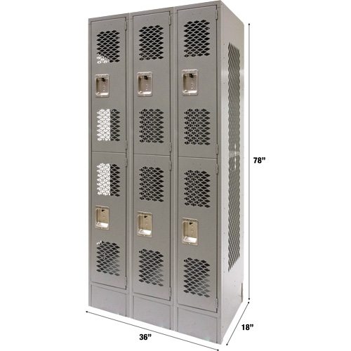 Casiers ventil&eacute;s, 2 niveaux, Bloc de 3, 36" x 18" x 78", Acier, Gris, D&eacute;mont&eacute;, Perfor&eacute; Rock Safety Industrial Ltd