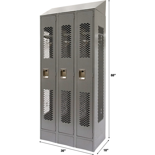 Vented Lockers, Bank of 3, 36" x 18" x 88", Steel, Grey, Knocked Down, Perforated Rock Safety Industrial Ltd