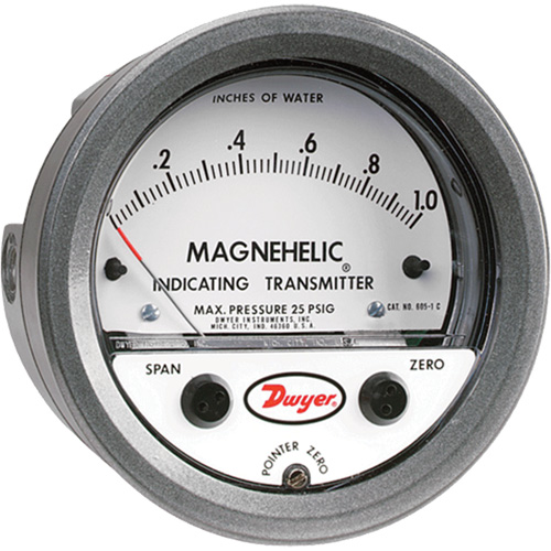 Manom&egrave;tre diff&eacute;rentiel et &eacute;metteur de signalisation de s&eacute;rie 605 Magnehelic,  4", 0 - 1 po en c.e., Fixation sur panneau, Analogique Rock Safety Industrial Ltd