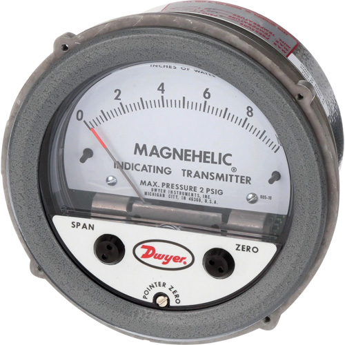Manom&egrave;tre diff&eacute;rentiel et &eacute;metteur de signalisation de s&eacute;rie 605 Magnehelic,  4", 0 - 10 po en c.e., Fixation sur panneau, Analogique Rock Safety Industrial Ltd