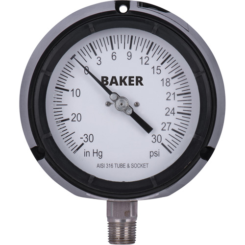 Pressure Gauge, 4-1/2" , 30"-0-30 psi, Bottom Mount, Liquid Filled Analogue Rock Safety Industrial Ltd