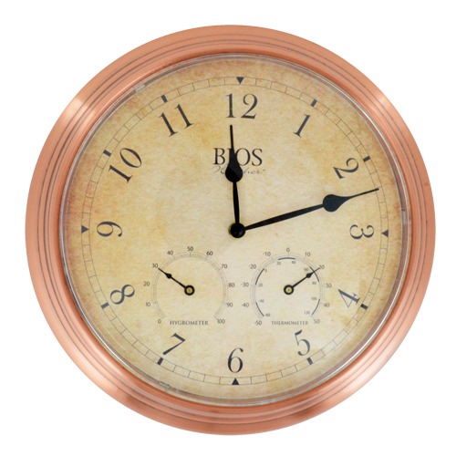 Horloge ext&eacute;rieure 3 en 1, Analogique, &agrave; piles, 14" dia., Brun Rock Safety Industrial Ltd