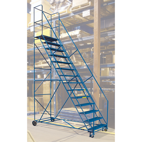 Escabeau roulant certifi&eacute; par la CSA avec pied verrouillable, 14 marches, Largeur de la marche 30", Hauteur de la plateforme 128", Acier Rock Safety Industrial Ltd