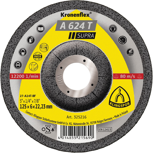 A 624 T Supra Kronenflex&reg; Grinding Disc, 5" x 1/4", 7/8" Arbor Rock Safety Industrial Ltd