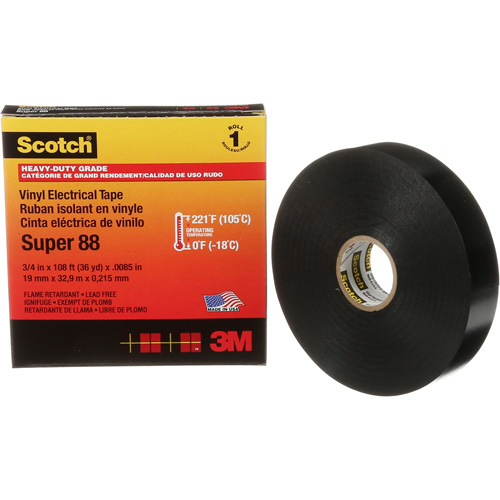 Ruban isolant Super 88 de calibre professionnel Scotch, 19 mm (3/4") la x 32,9 m (108') lo, 8,5 mils, Noir Rock Safety Industrial Ltd