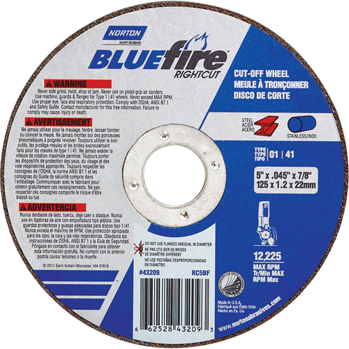 BlueFire&reg; Cut-off Wheel, 4-1/2" x 0.045"/1/16", 7/8" Arbor, Type 01/41, Aluminum Oxide/Zirconium, 13580 RPM Rock Safety Industrial Ltd