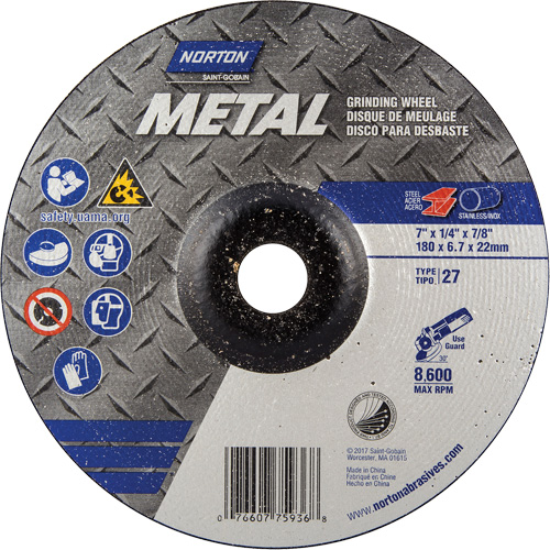 Depressed Centre Metal Grinding Wheels, 7" x 1/4", 7/8" Arbor, Aluminum Oxide, Type 27 Rock Safety Industrial Ltd