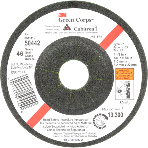 Green Corps Flexible Grinding Wheel, 4-1/2" x 1/8", 7/8" Arbor, Ceramic, Type 27 Rock Safety Industrial Ltd