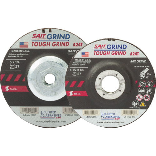 Meule A24T Tough Grind, 5" x 1/4", Arbre 7/8", Oxyde d'aluminium, Type 27 Rock Safety Industrial Ltd