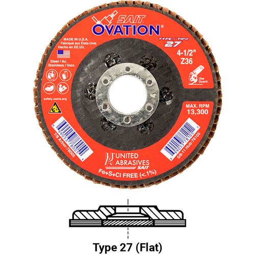 Ovation Flap Disc, 4-1/2" x 5/8"-11, Type 27, 36 Grit, Zirconium Rock Safety Industrial Ltd