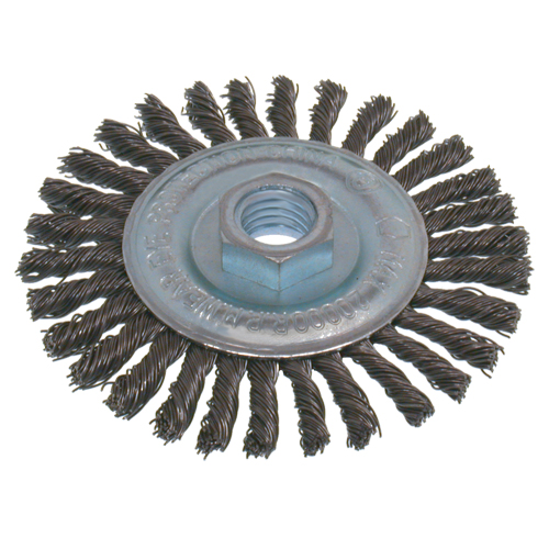 Brosses &eacute;conomiques &agrave; fil nou&eacute;s &agrave; haute vitesse pour cordons de soudure, Dia. 6", Fils 0,02", Arbre 5/8"-11, Acier inoxydable Rock Safety Industrial Ltd