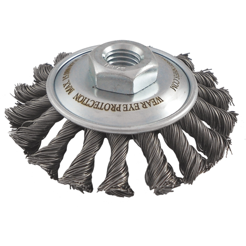 Knotted Wire Wheel Saucer Brushes, 5" Dia., 0.02" Fill, 5/8"-11 Arbor, Steel Rock Safety Industrial Ltd