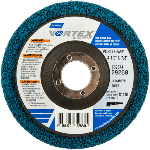 Vortex Non-Woven Disc, 4-1/2" Dia. x 1/2" W, 7/8" Arbor, Aluminum Oxide Rock Safety Industrial Ltd