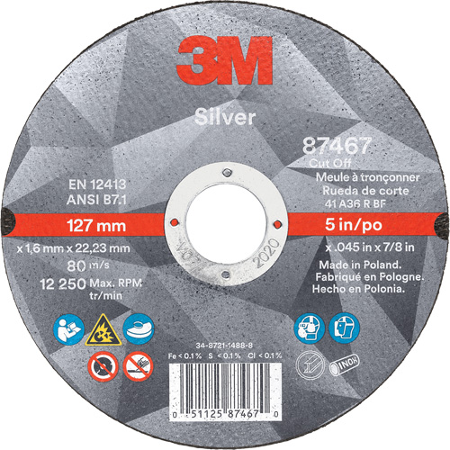 Meule &agrave; tronçonner Silver, 5" x 0,045", Arbre de 7/8", Type 1, C&eacute;ramique, 12250 Tr/min Rock Safety Industrial Ltd