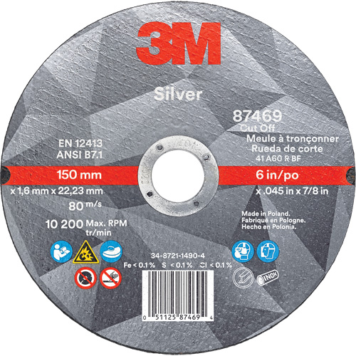 Meule &agrave; tronçonner Silver, 6" x 0,045", Arbre de 7/8", Type 1, C&eacute;ramique, 10 200 Tr/min Rock Safety Industrial Ltd
