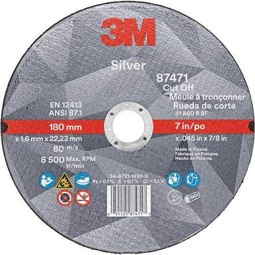 Silver Cut-Off Wheel, 7" x 0.045", 7/8" Arbor, Type 1, Ceramic, 8500 RPM Rock Safety Industrial Ltd
