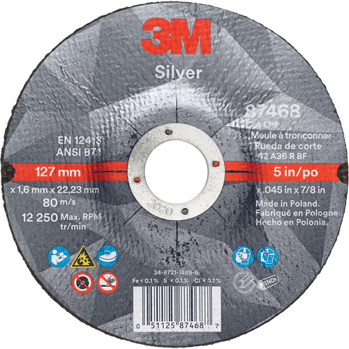 Silver Cut-Off Wheel, 5" x 0.045", 7/8" Arbor, Type 27, Ceramic, 12250 RPM Rock Safety Industrial Ltd