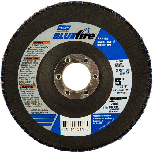 Disque &agrave; lamelles BlueFire, 5" x 7/8", Type 29, Grain 36, Alumine de zirconium Rock Safety Industrial Ltd