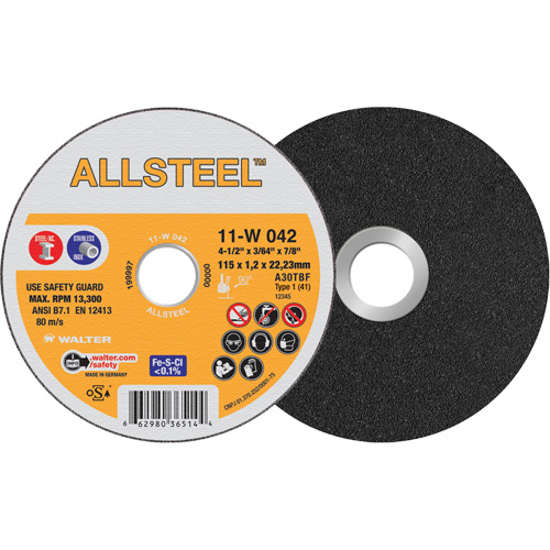 Meule &agrave; tronçonner AllSteel, 4-1/2" x 3/64", Arbre de 7/8", Type 1, Oxyde d'aluminium, 13 300 Tr/min Rock Safety Industrial Ltd