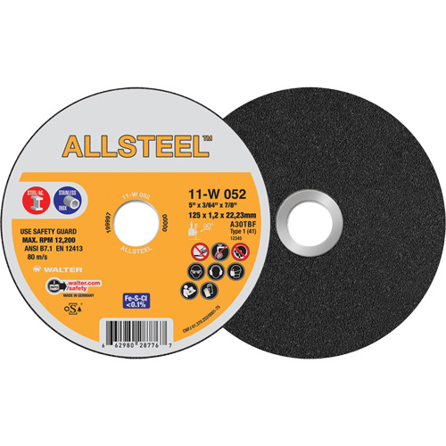 AllSteel Cut-Off Wheel, 5" x 3/64", 7/8" Arbor, Type 1, Aluminum Oxide, 12250 RPM Rock Safety Industrial Ltd