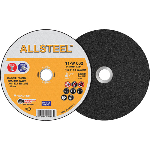 Meule &agrave; tronçonner AllSteel, 6" x 1/16", Arbre de 7/8", Type 1, Oxyde d'aluminium, 10 200 Tr/min Rock Safety Industrial Ltd
