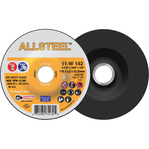 AllSteel Cut-Off Wheel, 4-1/2" x 3/64", 7/8" Arbor, Type 27, Aluminum Oxide, 13300 RPM Rock Safety Industrial Ltd
