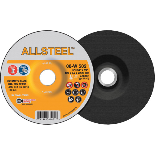 AllSteel Grinding Wheel, 5" x 1/8", 7/8" Arbor, Aluminum Oxide, Type 27 Rock Safety Industrial Ltd