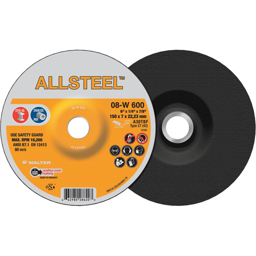 AllSteel Grinding Wheel, 6" x 1/4", 7/8" Arbor, Aluminum Oxide, Type 27 Rock Safety Industrial Ltd