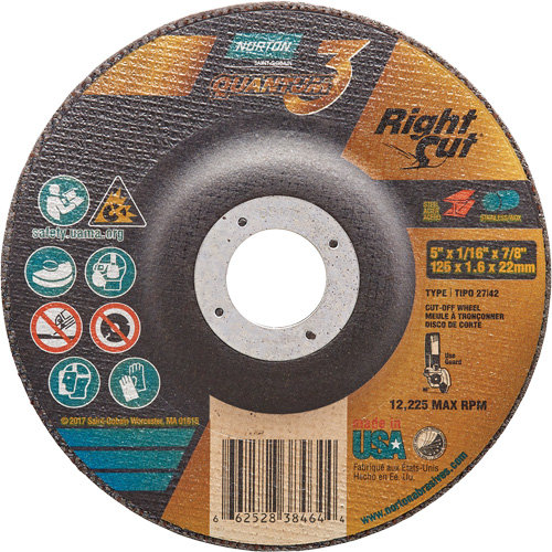 Quantum3 RightCut Cut-Off Wheel, 5" x 1/16", 7/8" Arbor, Type 27/42, Ceramic Alumina, 12225 RPM Rock Safety Industrial Ltd
