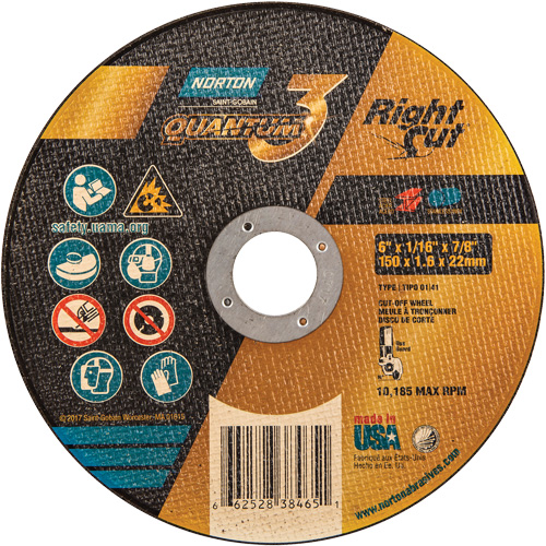 Meule &agrave; tronçonner Quantum3 RightCut, 6" x 1/16", Arbre de 7/8", Type 01/41, Oxyde d'aluminium, 10185 Tr/min Rock Safety Industrial Ltd